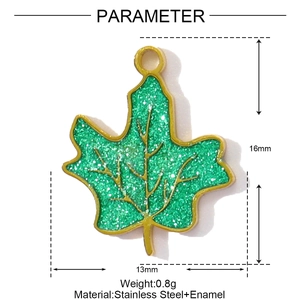 Detail showing 16mm x 13mm maple leaf pendant dimensions in green enamel and steel