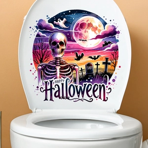 Detail of Halloween toilet seat sticker with skull, bat and Happy Halloween text