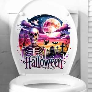 Close-up of Halloween toilet sticker with skull, bats, and colorful red moon design