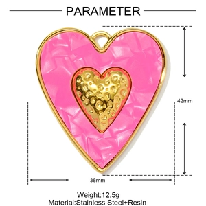 Detailed view of pink resin heart pendant with stainless steel core and dimensions