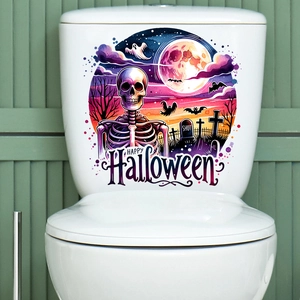 Detail of Halloween toilet stickers featuring skeletons and ghosts on a white ceramic tank