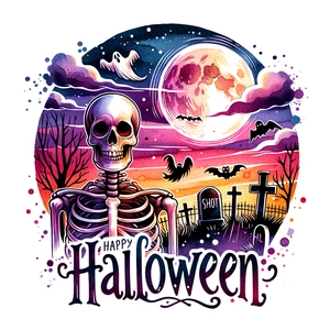 Artistic Halloween decal showing ghosts, moon and skeletons in watercolor style