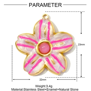 Detailed view of lavender enamel flower pendant with natural stone and steel base