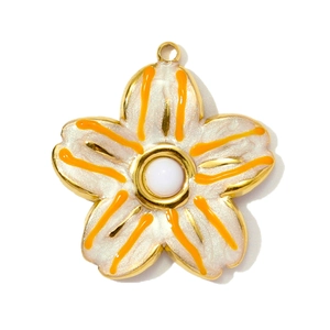 Detail of flower pendant with white enamel petals, yellow stripes and golden metal frame