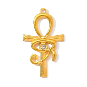Golden Egyptian Ankh pendant with Eye of Horus and rhinestone on a white background