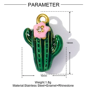 Detail view of green enamel cactus pendant with pink flower and rhinestone on stainless steel