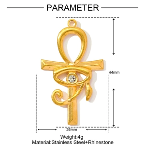 Detailed specs of a gold Ankh and Eye of Horus pendant in stainless steel with rhinestones