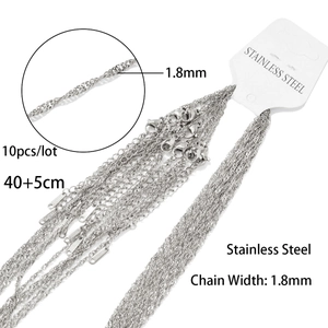 Set di 10 catene in acciaio inossidabile argento lunghezza 40+5cm e larghezza 1,8mm donna