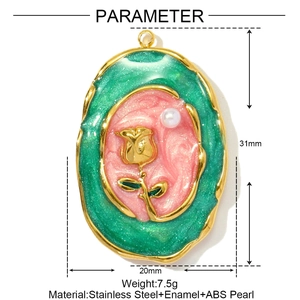 Detailed specs of oval stainless steel rose pendant with pink enamel and 31mm size