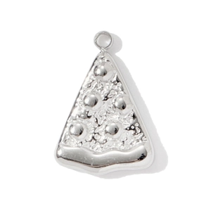 Detailed macro view of a silver pizza slice pendant with textured bead details