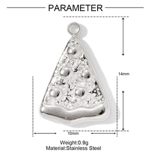 Detailed view of pizza pendant showing dimensions 14mm by 10mm in stainless steel
