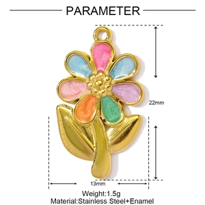 Macro detail of enamel flower pendant showing dimensions 22mm by 13mm and 1.5g weight