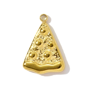 Detailed view of a gold-plated pizza pendant with textured toppings and top bail