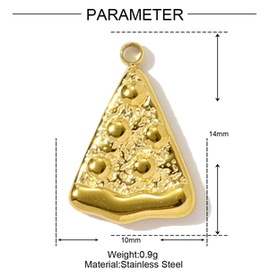 Detailed parameter view of a gold pizza-shaped stainless steel pendant measuring 14x10mm