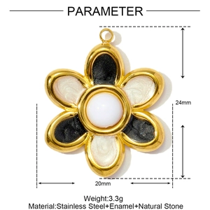 Detailed parameter view of gold floral stainless steel pendant with black and white enamel