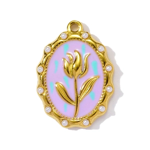 Detail of vintage oval pendant with purple enamel tulip and white pearl border inlay