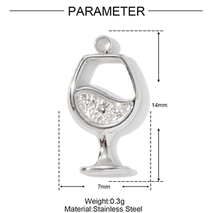 Detailed view of stainless steel wine glass pendant with dimensions 14mm by 7mm