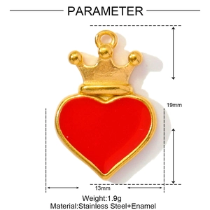 Macro view of crown red heart pendant with size dimensions 19mm by 13mm in stainless steel