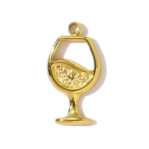 Detailed view of a gold-plated stainless steel wine glass pendant with textured liquid relief