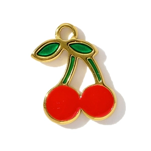 Dainty gold cherry pendant with red enamel for DIY stainless steel jewelry making