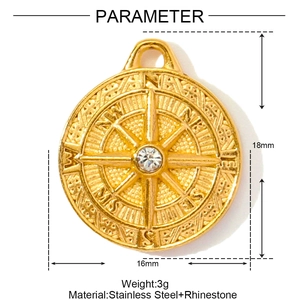 Detailed size parameters of gold compass pendant with crystal inlay on white background