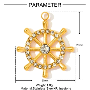 Golden stainless steel ship wheel pendant with sparkling crystals and size measurements