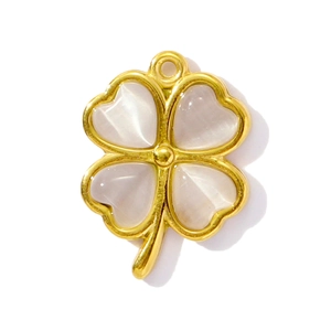 Gold stainless steel four-leaf clover pendant featuring white cat eye stone and bead edging