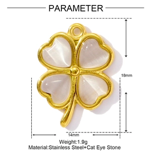 Detail showing gold stainless steel clover pendant dimensions 18mm with cat eye stone