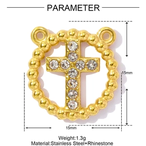 Detailed view of golden stainless steel cross pendant with rhinestones and 15mm dimensions