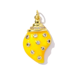 Detail of gold conch pendant with yellow enamel finish and inlaid white zircon stones