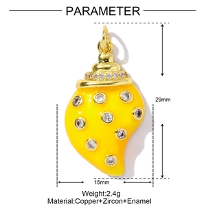 Detailed view of yellow enamel teardrop pendant with inlaid zircons and copper cap