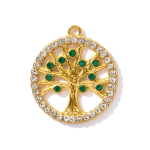 Detail of golden Tree of Life pendant featuring white zircon and green crystal accents
