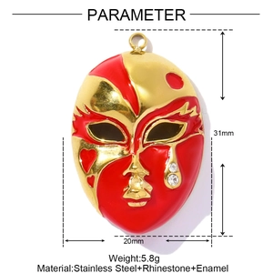 Détail du pendentif masque de Venise en émail rouge or avec strass et dimensions