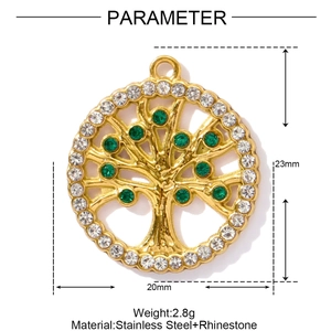 Golden Tree of Life pendant with green and white rhinestones and measurement details