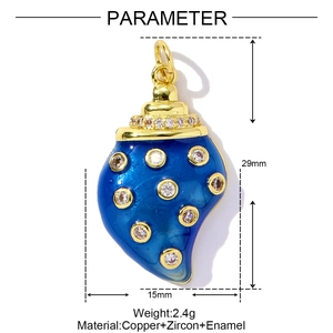 Detail of a blue enamel shell pendant with gold copper trim and white zircon inlay