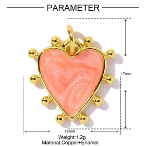 Pink heart enamel charm pendant in gold-plated copper with precise size measurements