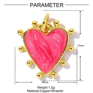 Detailed size view of pink enamel heart pendant with dimensions 17mm by 14mm