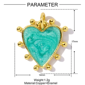 Macro view of heart-shaped copper enamel pendant with 17mm height and 14mm width size