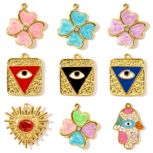 Colgantes de Acero Inoxidable Esmaltado Retro Francés Ojo Turco Trébol Corazón para Fabricación de Joyas DIY Accesorios Collar Mujer