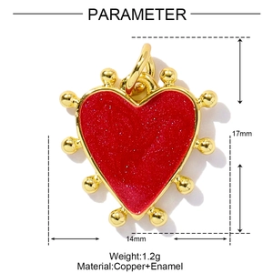 Detail of red enamel heart pendant with gold beads and glitter finish, 17mm x 14mm