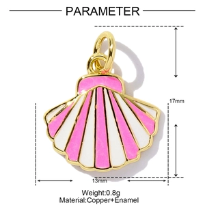Parameter detail showing a 13x17mm striped pink enamel shell pendant made of copper