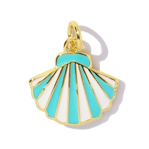 Detailed close-up of a golden shell pendant with green and white enamel finish