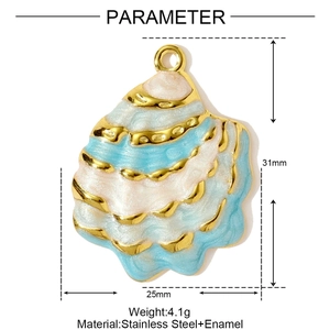 Détails techniques du pendentif coquillage doré en acier inoxydable et émail coloré