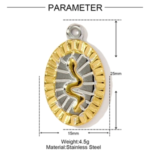 Vue détaillée du pendentif ovale bicolore en acier inoxydable avec motif serpent, 25mm x 15mm