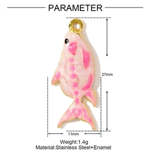 Pink enamel fish pendant made of stainless steel with dimensions 27mm by 11mm