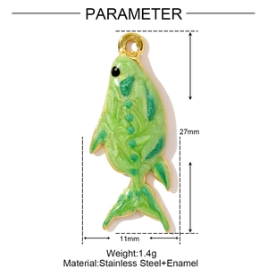 Fish pendant specifications showing 27mm x 11mm size in green enamel and gold steel