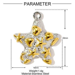 Vue macro d'un pendentif étoile bicolore avec des détails de cœurs dorés et dimensions