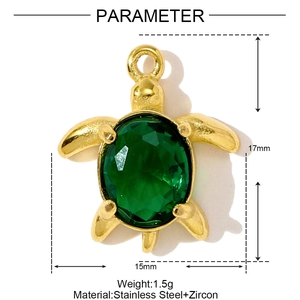 Detail view of 17x15mm golden stainless steel turtle pendant with green zircon