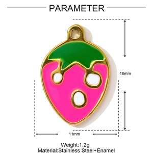 Detaillierte Maße des Erdbeer-Emaille-Anhängers mit 16mm Höhe, 11mm Breite und 1.2g Gewicht