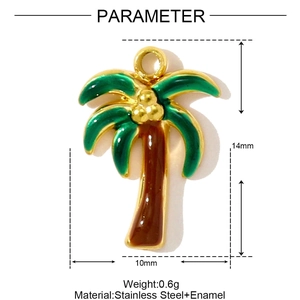 Detail view of a 14mm enamel coconut tree pendant in stainless steel with dimensions